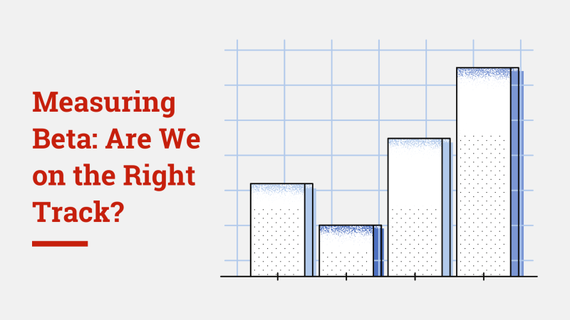 Blog post title "Measuring Beta: Are We on the Right Track?" with bar graph to the right