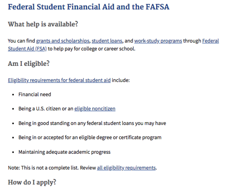 A page titled "Federal Student Financial Aid and the FAFSA" detailing available help like grants, scholarships, student loans, and work-study programs through Federal Student Aid (FSA). Eligibility includes financial need, U.S. citizenship or eligible noncitizen status, good standing on loans, enrollment in an eligible program, and maintaining academic progress. Application instructions are also mentioned.