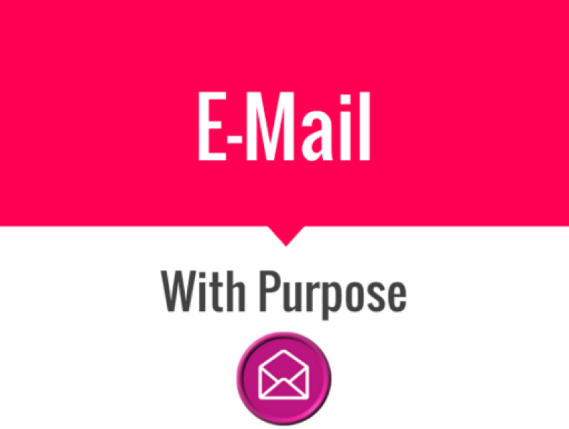A red banner with the text "EMail" in white, and below it, a white section with the text "With Purpose" in gray, accompanied by a purple circular icon with a white envelope symbol.