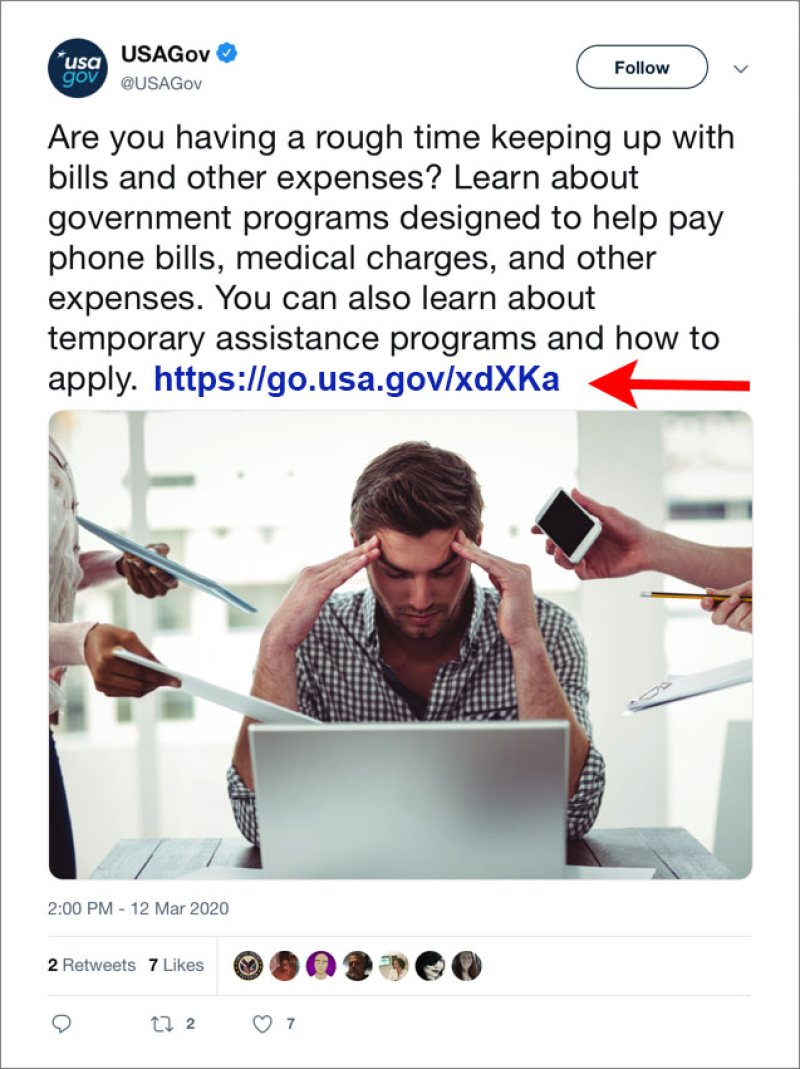 Image of an X post from @USAGov dated 12 Mar 2020, offering help with bills and expenses through government programs, with a link https://go.usa.gov/xdXKa. The post includes a photo of a stressed man at a laptop, surrounded by people with papers and a phone.