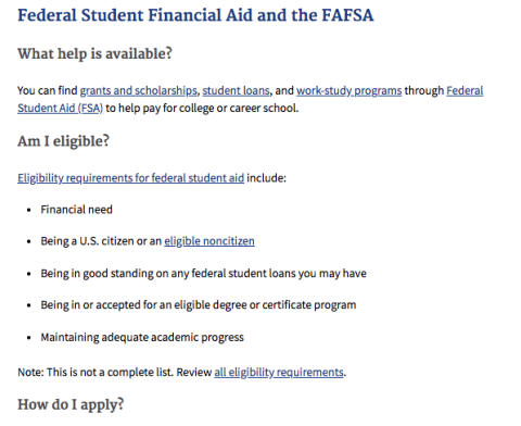 A page titled "Federal Student Financial Aid and the FAFSA" detailing available help like grants, scholarships, student loans, and work-study programs through Federal Student Aid (FSA). Eligibility includes financial need, U.S. citizenship or eligible noncitizen status, good standing on loans, enrollment in an eligible program, and maintaining academic progress. Application instructions are also mentioned.