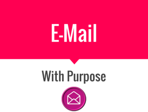 A red banner with the text "EMail" in white, and below it, a white section with the text "With Purpose" in gray, accompanied by a purple circular icon with a white envelope symbol.
